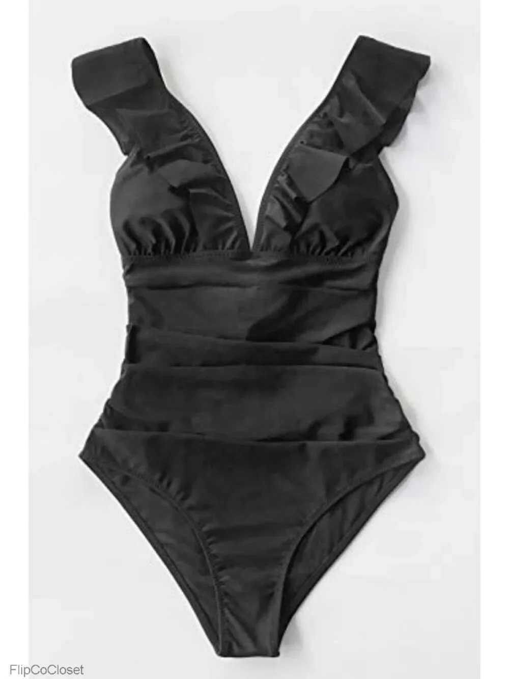 V-Neck One Piece Swimsuit Ruched Tummy Control Ruffle Trim Removable Cups
